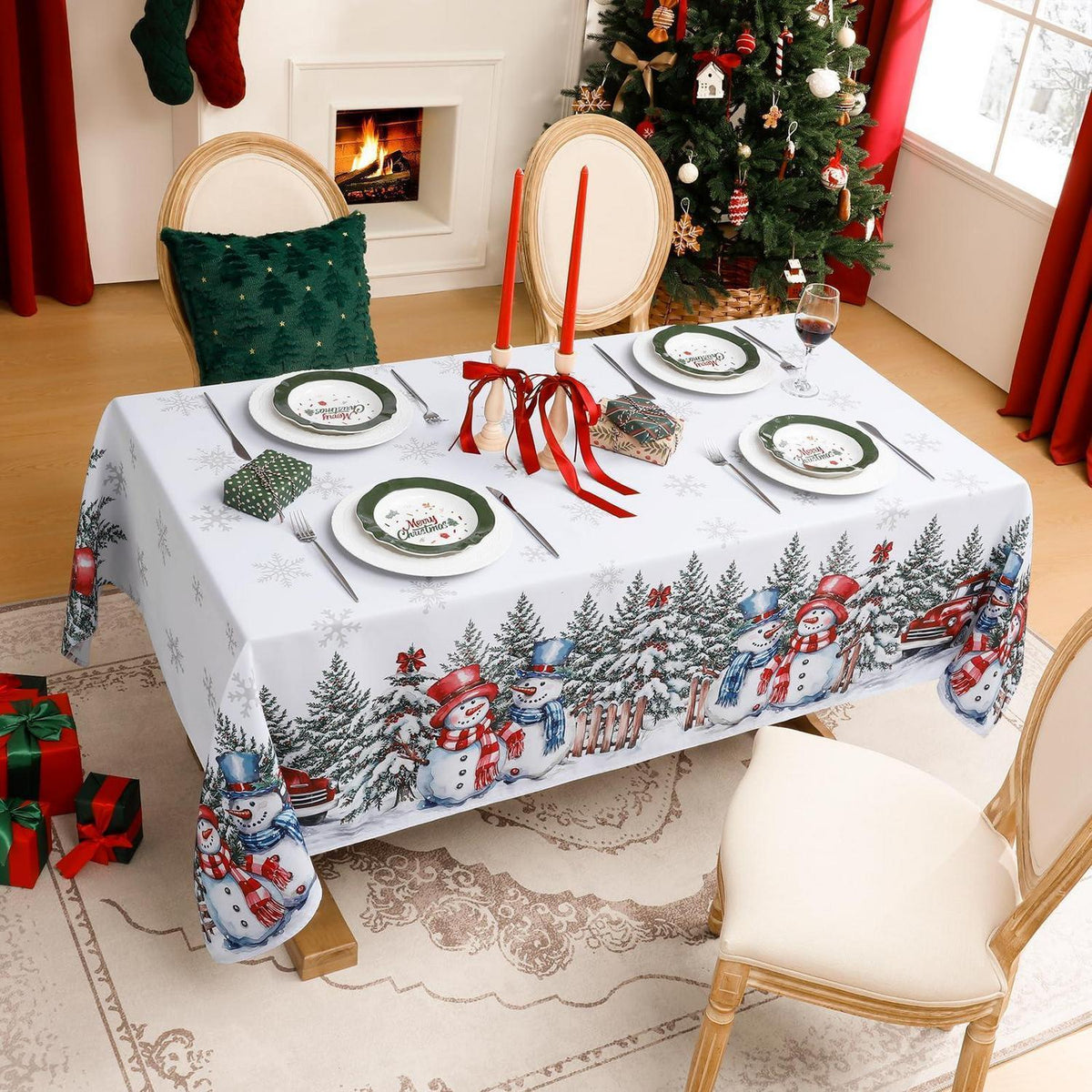 Weißes Weihnachtstischdecke 140x240 cm mit Schneeflocken Dekor