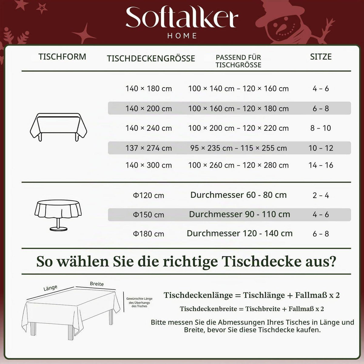 Weißes Weihnachtstischdecke 140x240 cm mit Schneeflocken Dekor