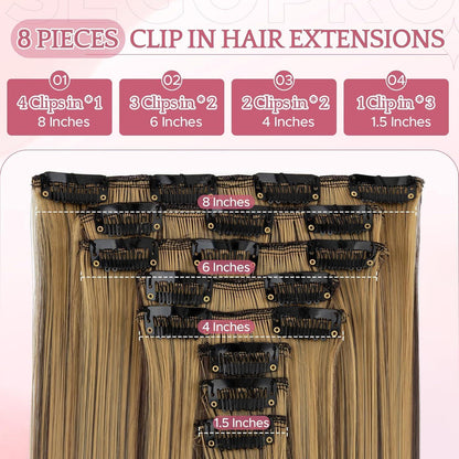 26 Zoll Clip-in Haarverlängerung Gerade Highlights Hellbraun & Blond
