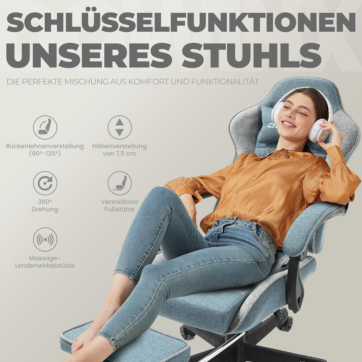 Gaming Stuhl mit Fußstütze und Massagefunktion Blau
