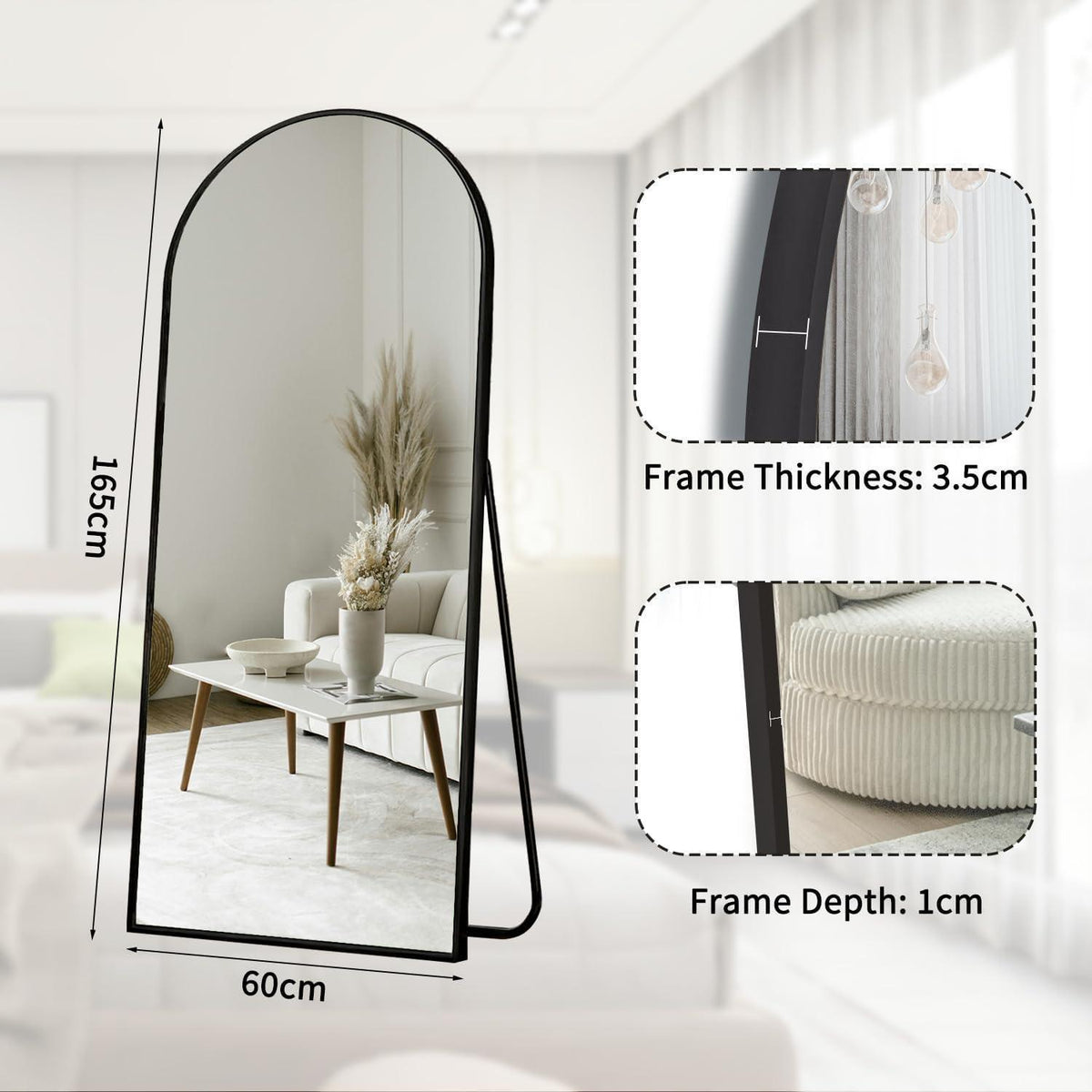 Ganzkörperspiegel Bogenförmig 165x60cm – Stand- & Wandspiegel Schwarz