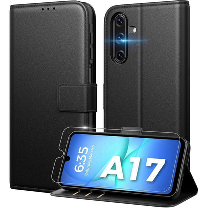 Samsung Galaxy A17 5G Hülle mit Panzerglas, Klapphülle Schwarz in Lederoptik