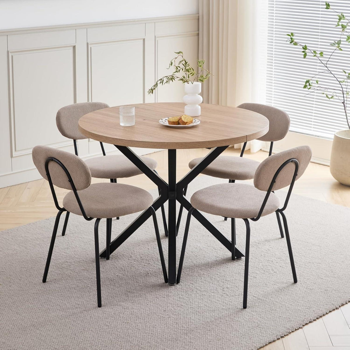 Runder Esstisch Set 100cm Holz + 6 Stapelbare Stühle Hell/Khaki