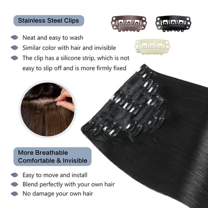 Echthaar Verlängerung Clip In – Tiefschwarz Remy Haar 55cm