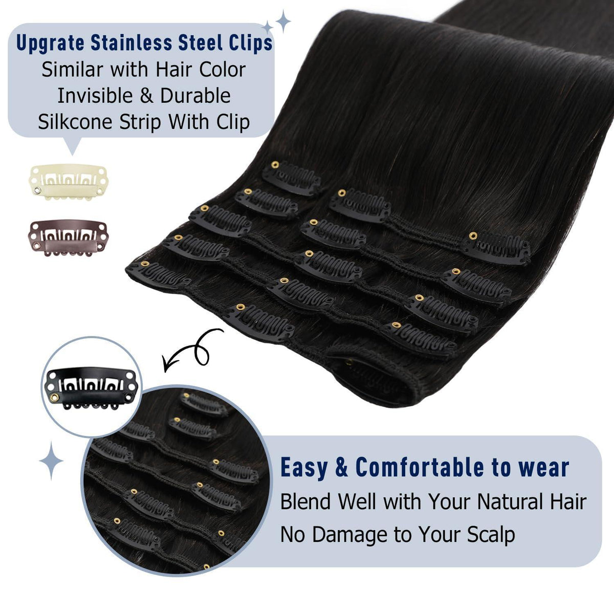 Echthaar Clip-Ins Schwarz – Haarverlängerung 30cm