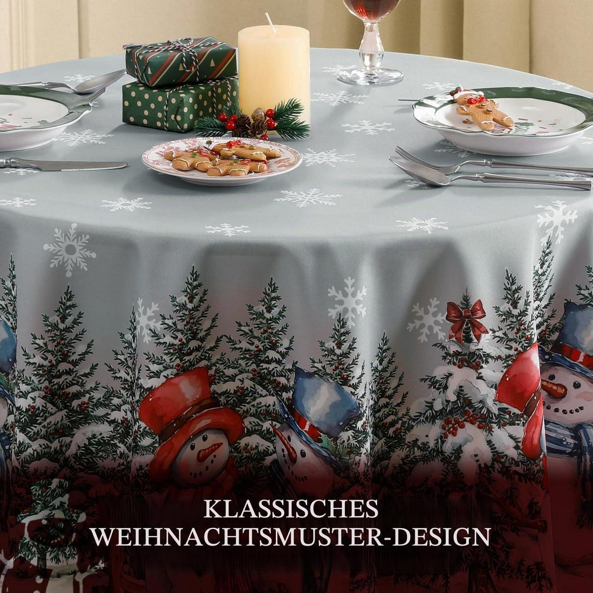 Weihnachts Tischdecke Grau Rund 160cm - Schneemann Motiv