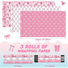 Rosa Geschenkpapier mit Schleife – 3 Rollen für Mädchen