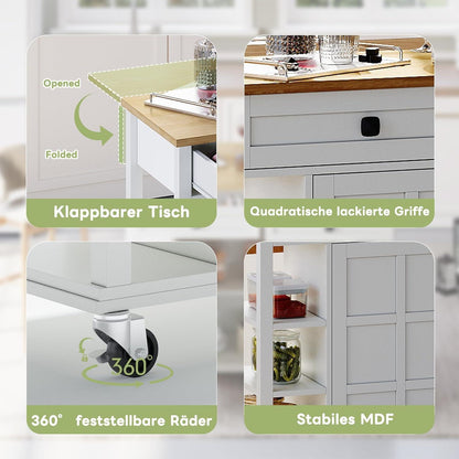 Klappbarer Küchenwagen mit Arbeitsplatte & Stauraum (Weiß)