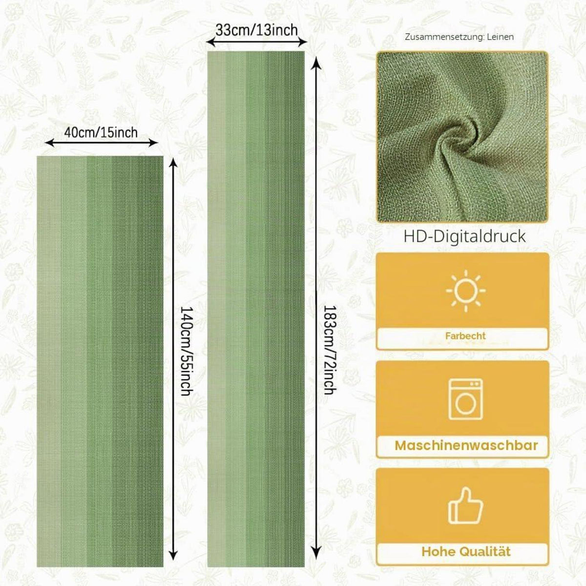 Tischläufer abwaschbar 40x140 cm Leinen Boho Eukalyptus Grün