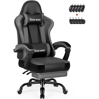 Ergonomischer Gaming Stuhl mit Fußstütze und Lendenkissen, Grau