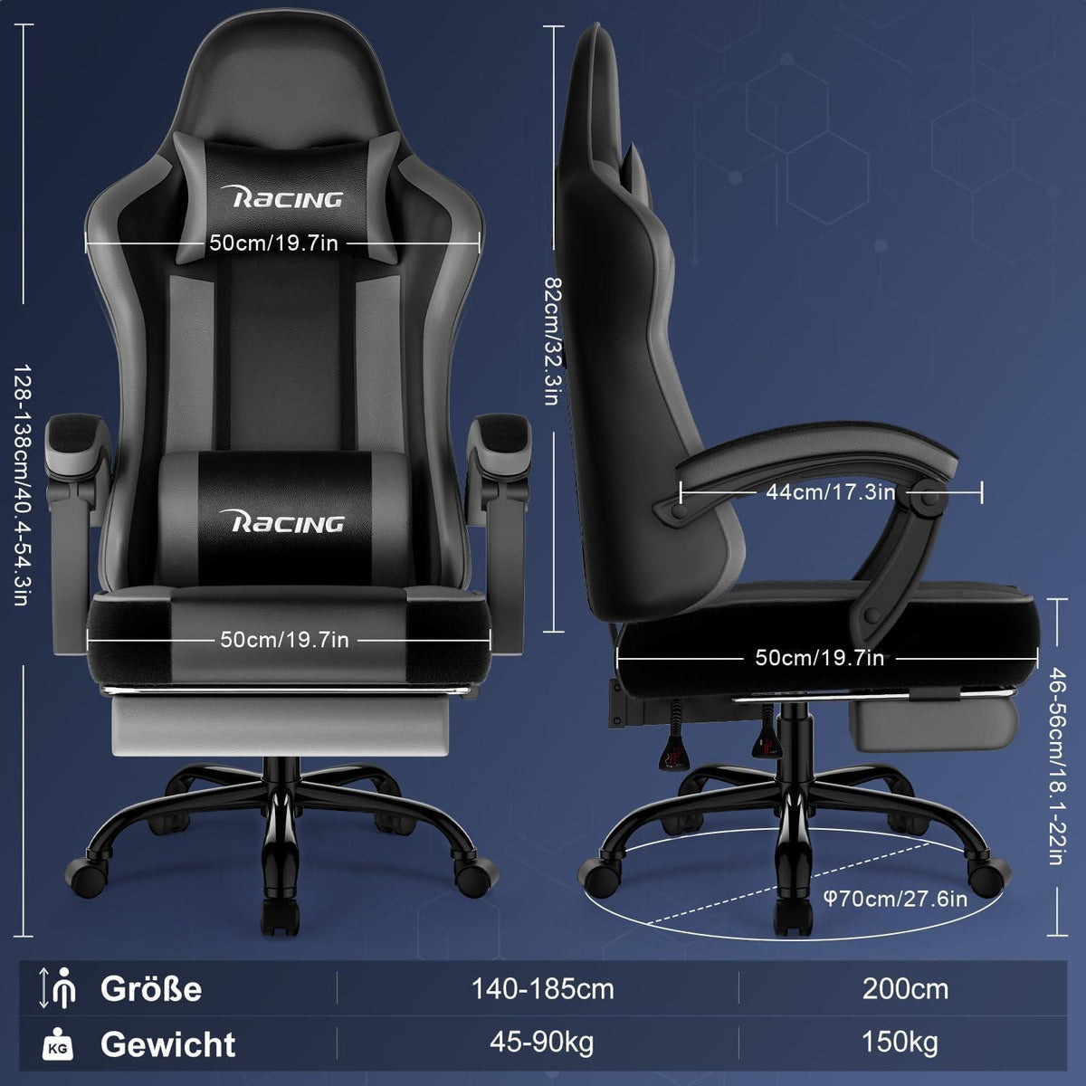 Ergonomischer Gaming Stuhl mit Fußstütze und Lendenkissen, Grau