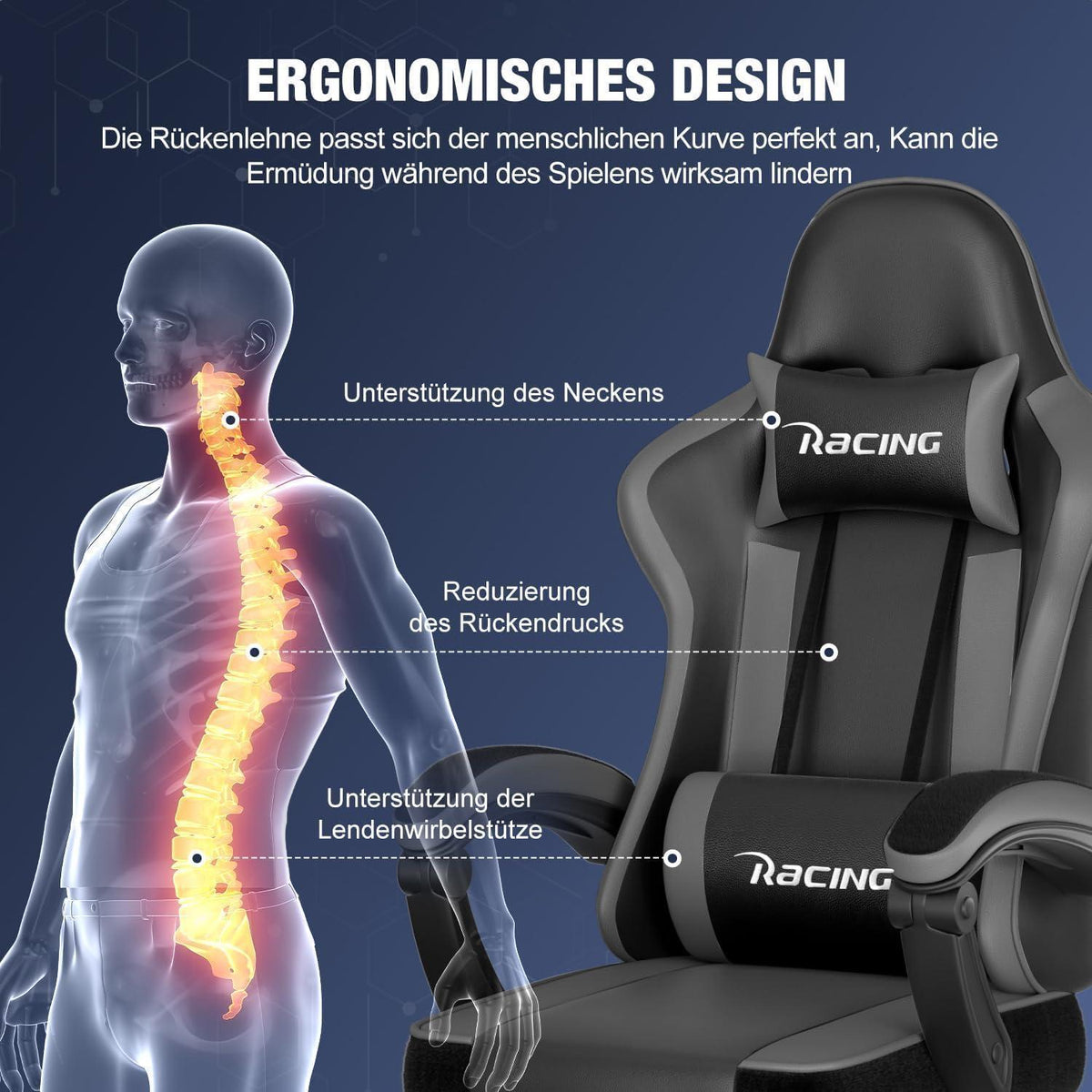 Ergonomischer Gaming Stuhl mit Fußstütze und Lendenkissen, Grau