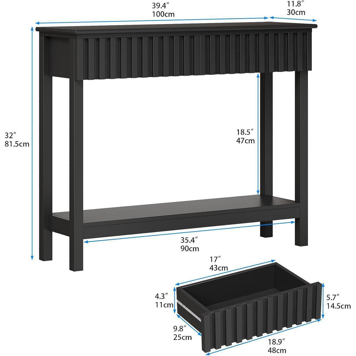Schmaler Konsolentisch mit 2 Schubladen – Moderner Fluted-Tisch Schwarz