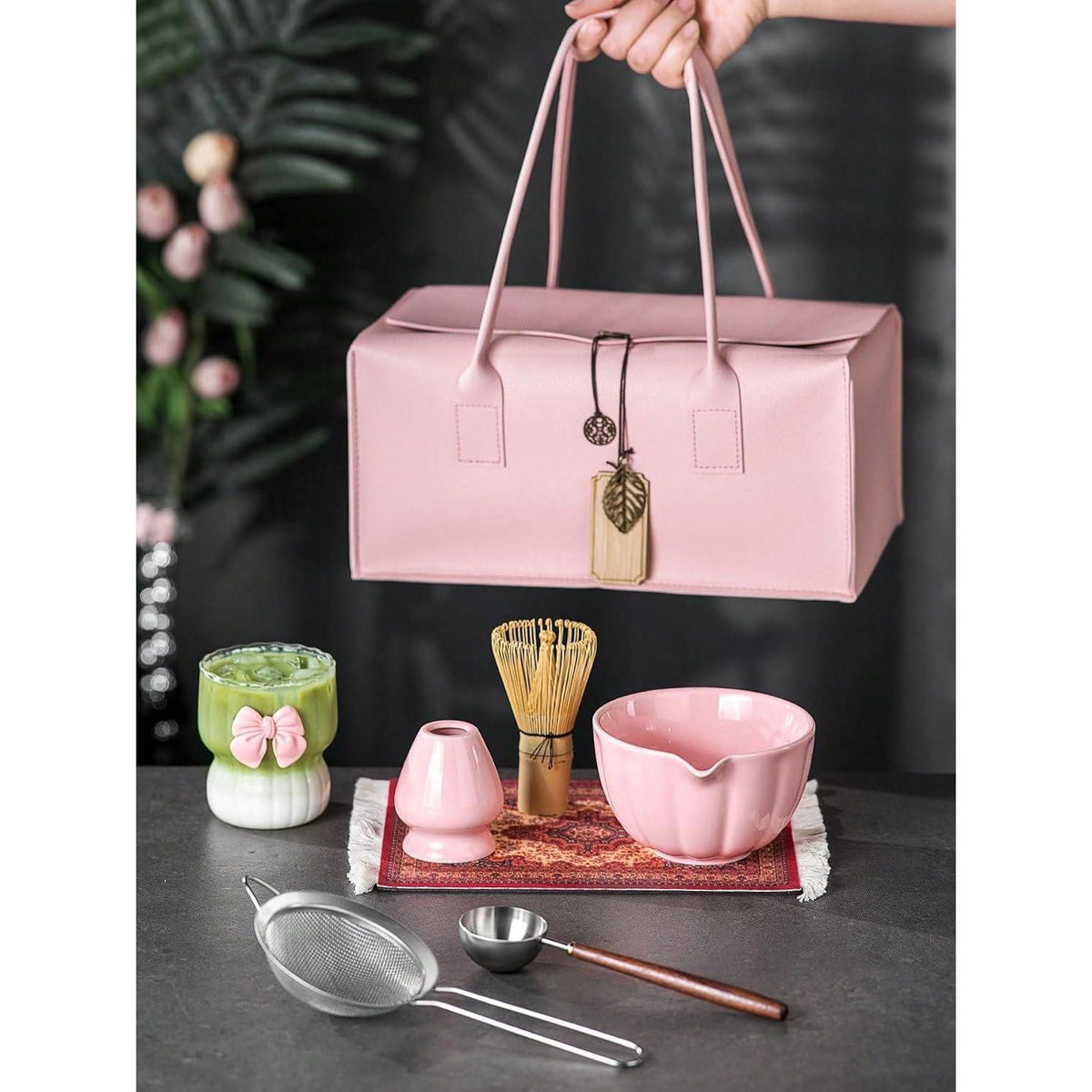 Matcha Set Premium 7-teilig mit Bambus Schneebesen & Rosa Etui