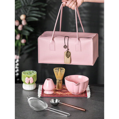 Matcha Set Premium 7-teilig mit Bambus Schneebesen & Rosa Etui