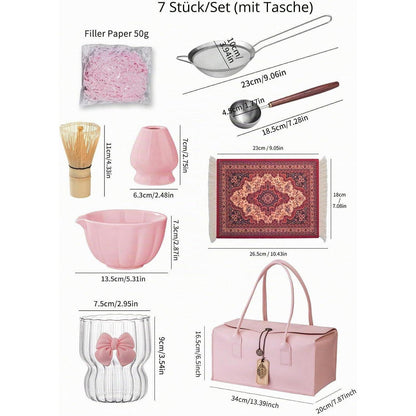 Matcha Set Premium 7-teilig mit Bambus Schneebesen & Rosa Etui