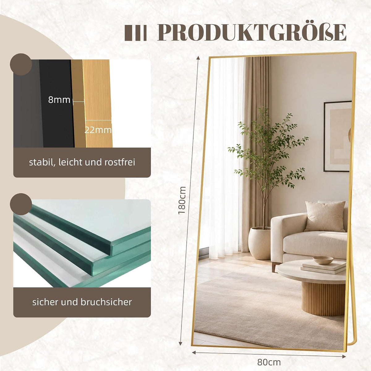 Ganzkörperspiegel 190cm, Stand- & Wandspiegel Gold, Metallrahmen