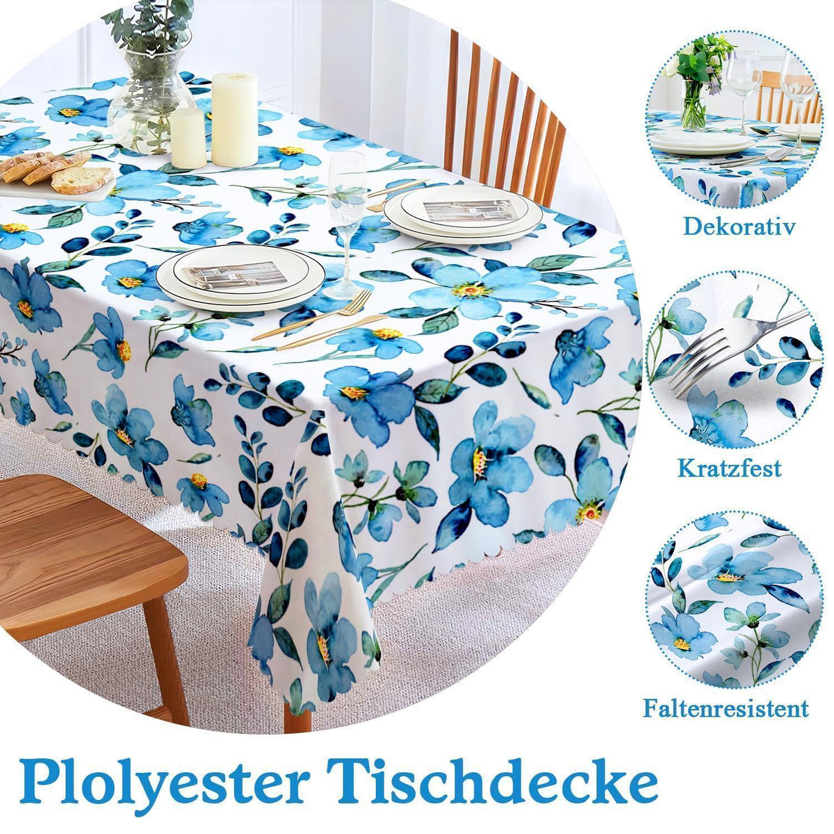 Abwaschbare Tischdecke Blau Blumendruck Rechteckig 140x180 cm