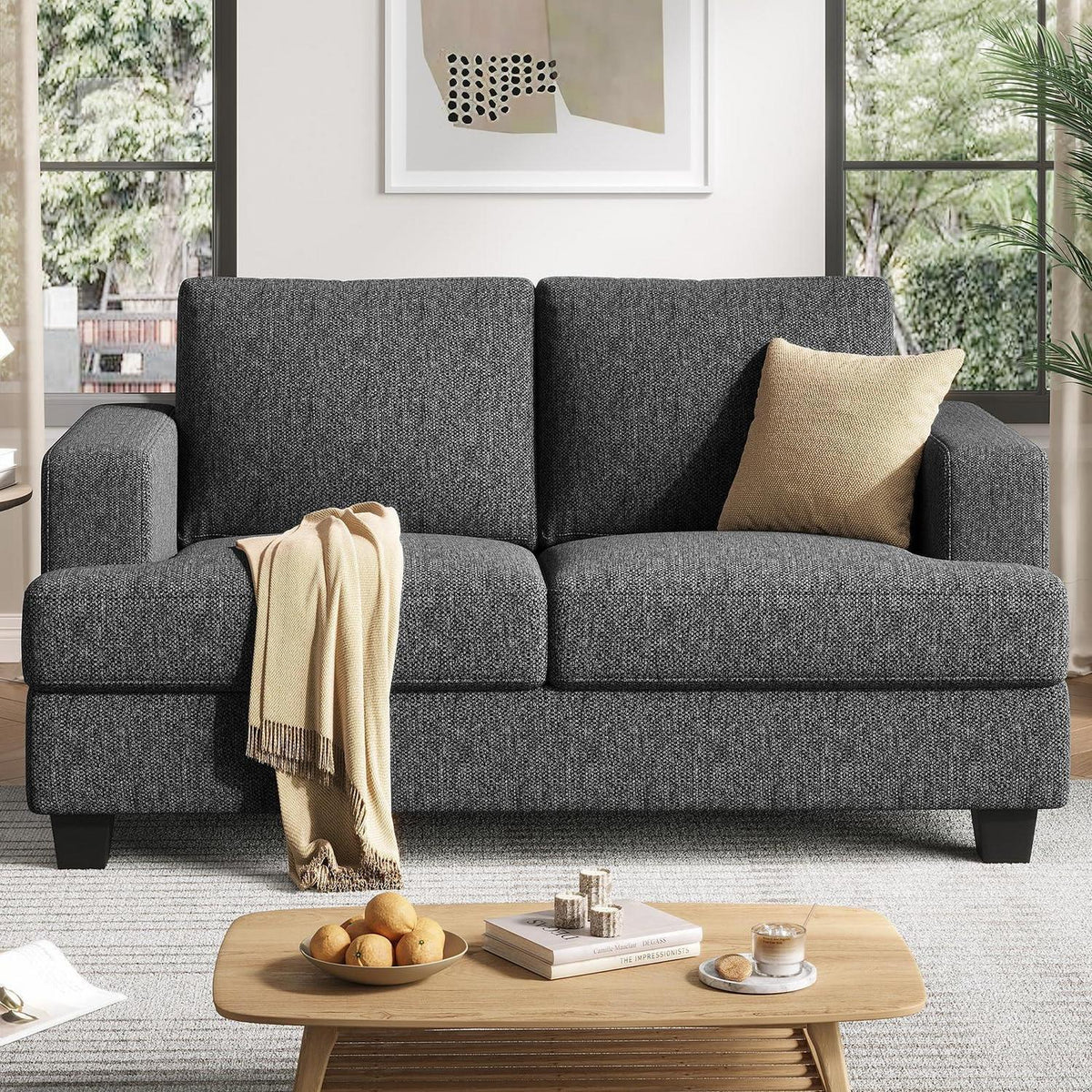 Kleines 2-Sitzer Sofa Grau – Modernes Wohnzimmer Sofa mit Leinenstoff