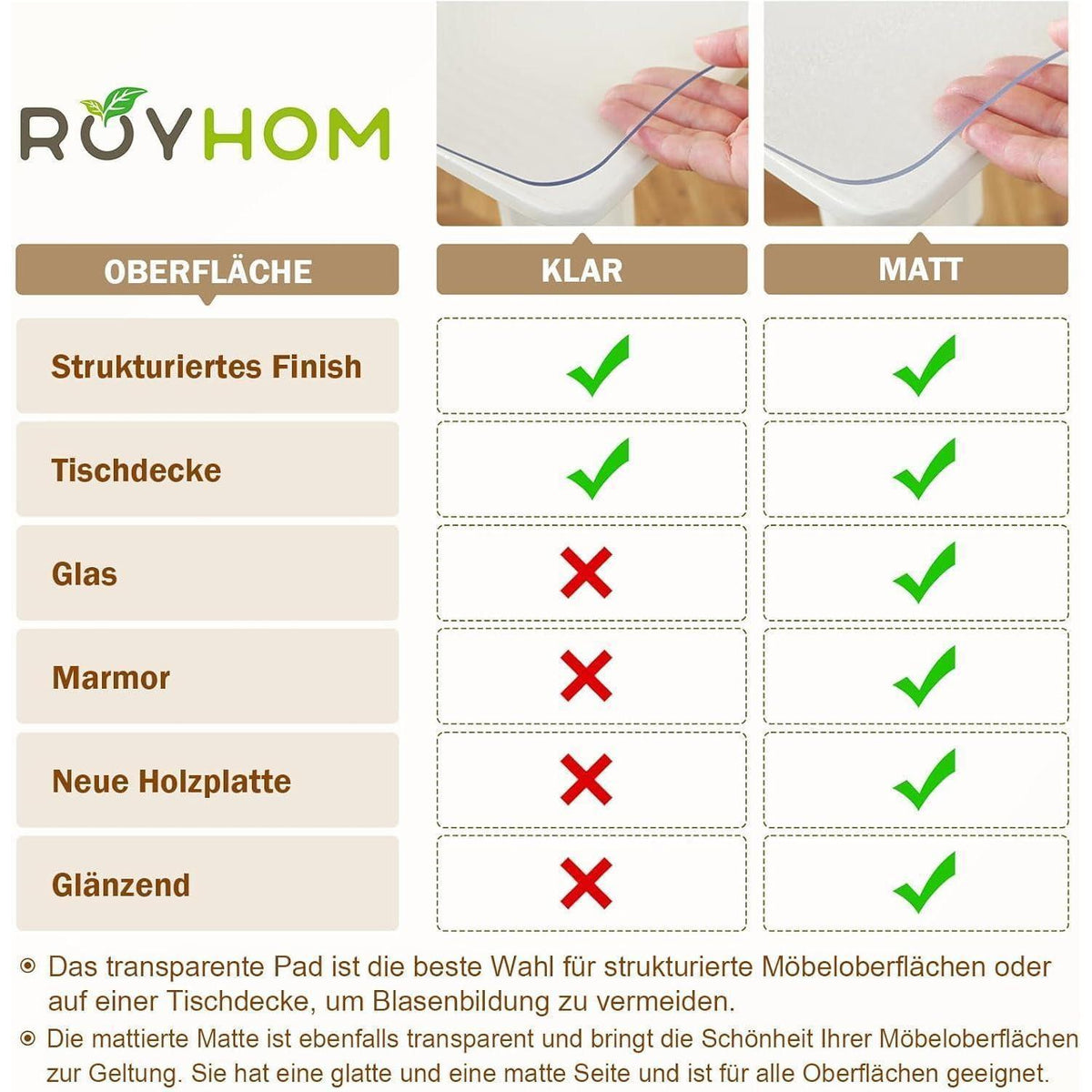 Royhom Tischfolie Transparent 100x200 cm – Mattiert & Blasenfrei