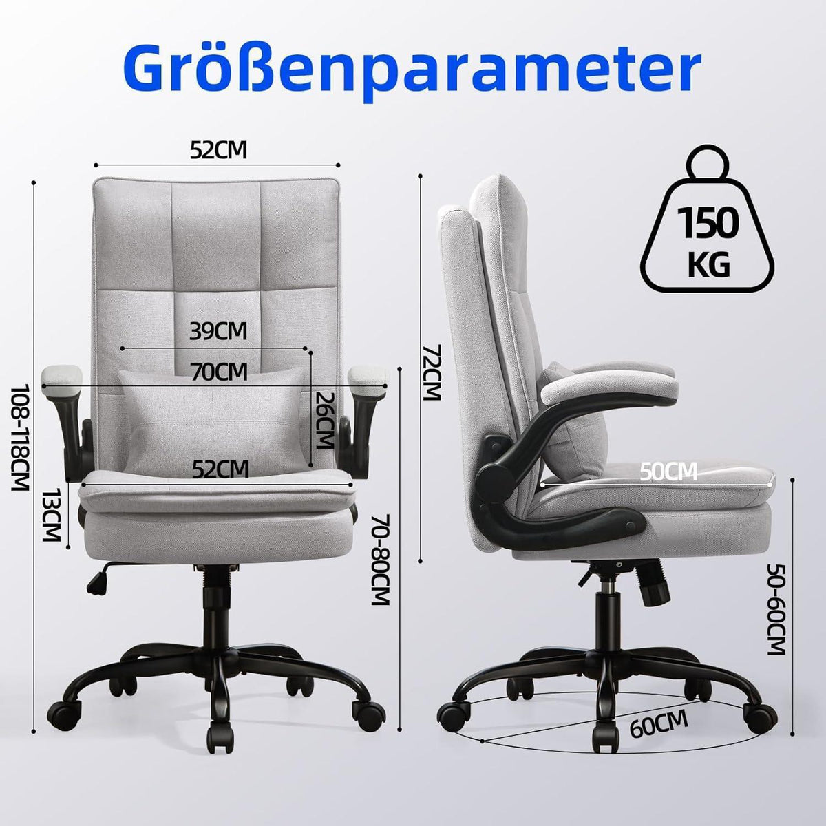 Ergonomischer Bürostuhl mit hoher Rückenlehne und Wippfunktion, Grau