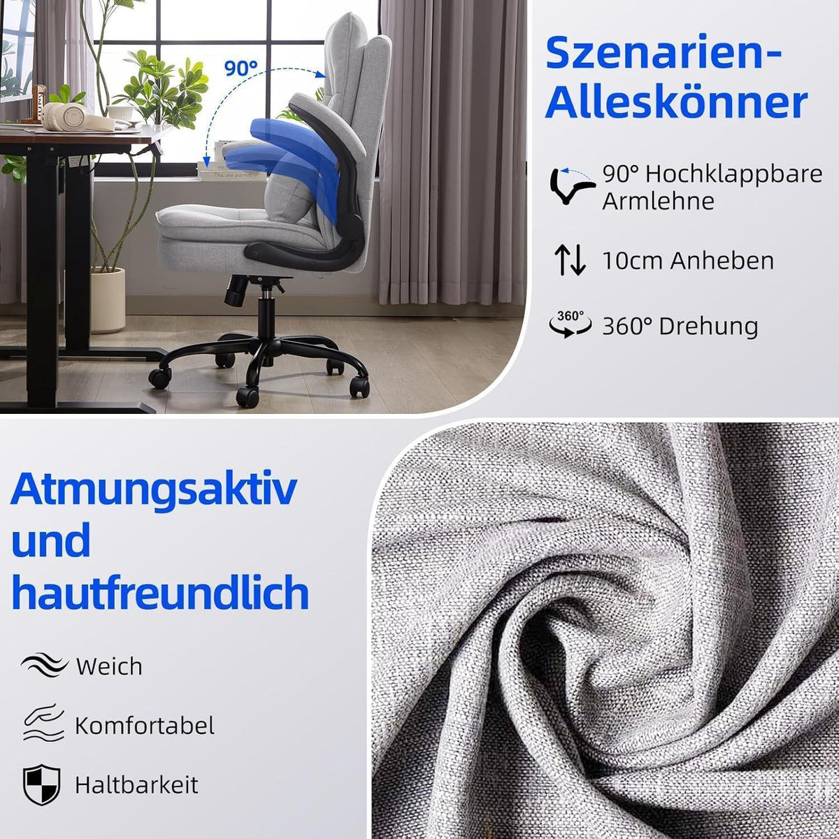 Ergonomischer Bürostuhl mit hoher Rückenlehne und Wippfunktion, Grau