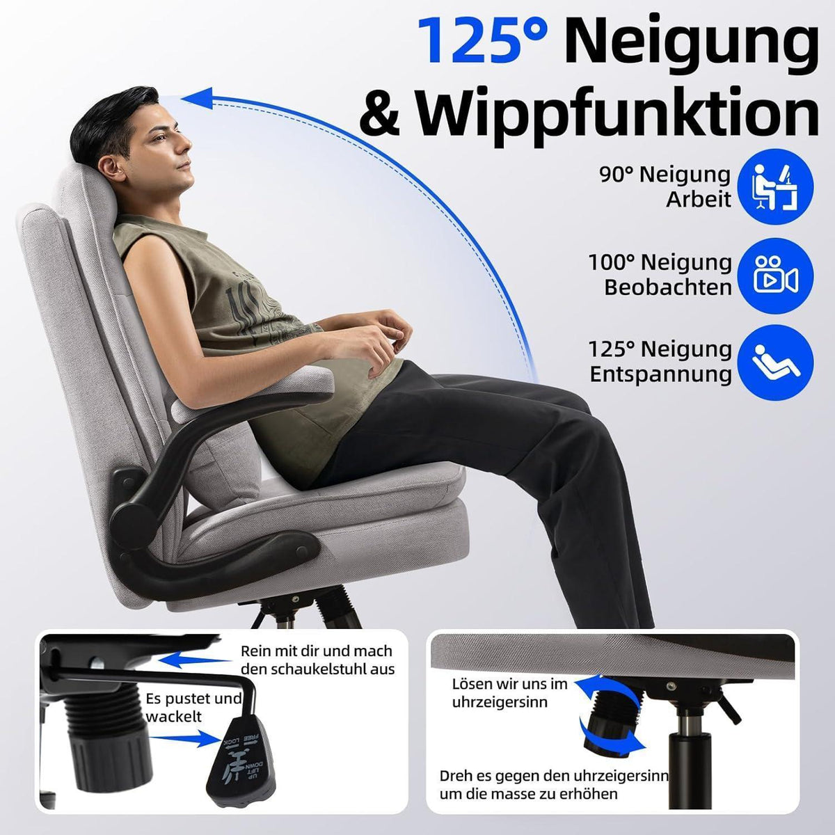 Ergonomischer Bürostuhl mit hoher Rückenlehne und Wippfunktion, Grau