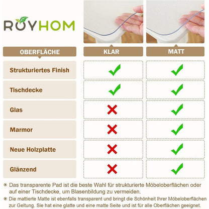 Royhom Tischfolie Transparent 100x180 cm – Mattiert & Blasenfrei