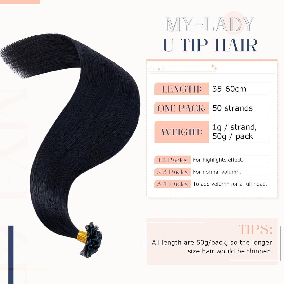 Echthaar Extensions Bondings Schwarz 60cm - 50 Strähnen