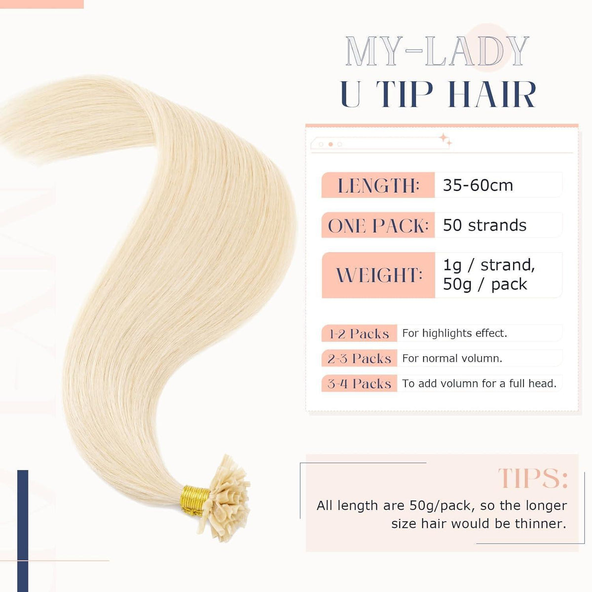Echthaar Extensions Bondings Platinblond 60cm - Remy U-Tip