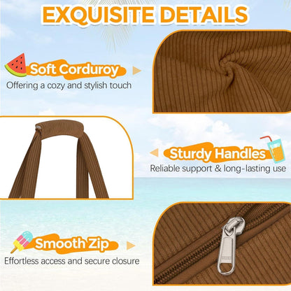 Große Strandtasche mit Reißverschluss, 45L, Cord-Kaffee