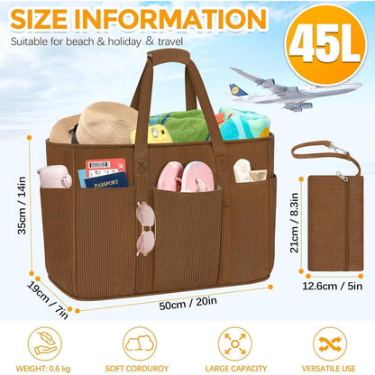 Große Strandtasche mit Reißverschluss, 45L, Cord-Kaffee