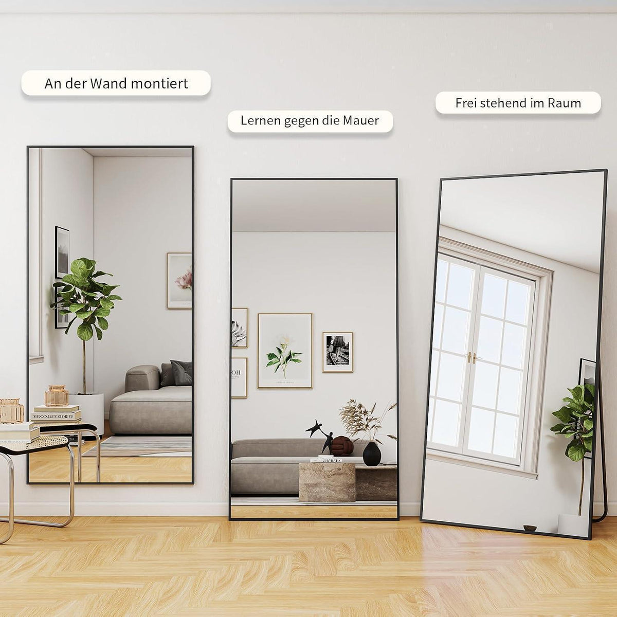 Großer Ganzkörperspiegel 200x90 cm – Steh- & Wandspiegel Schwarz