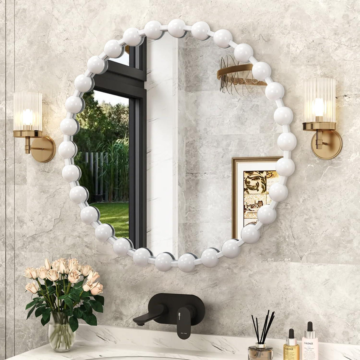 Runder Wandspiegel 70cm mit Perlenrahmen – Dekorativ & Elegant