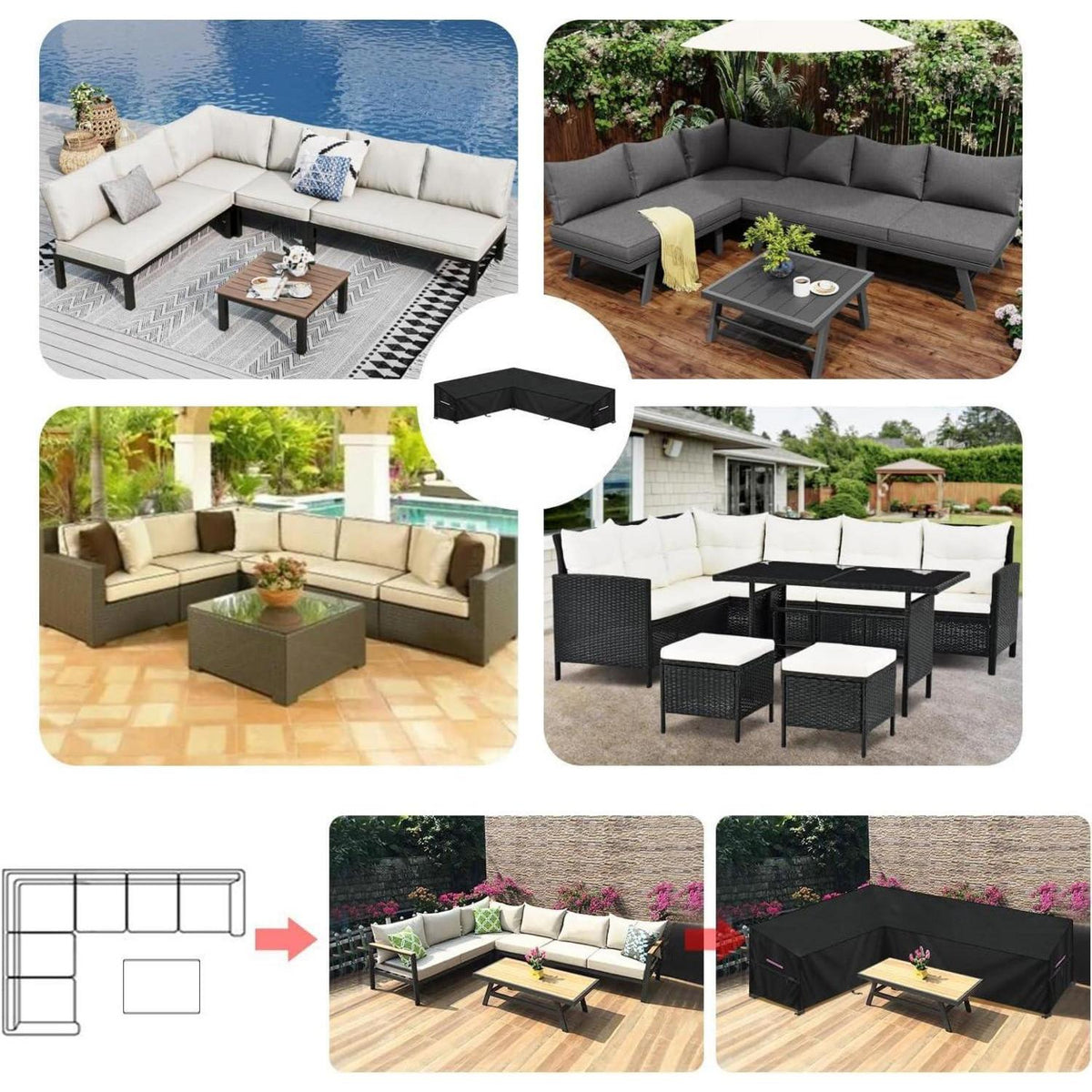 L-Form Gartenmöbel Abdeckung | Wasserdicht & Windfest | 220x280x90x80/60cm