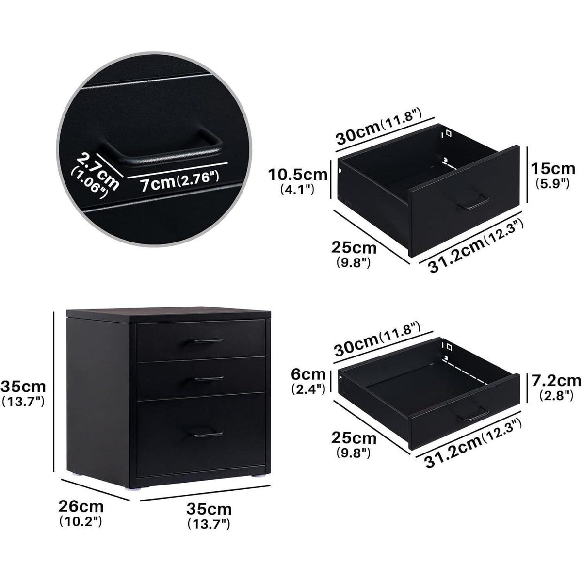Schreibtisch-Aktenschrank mit 3 Schubladen, Metall, Schwarz