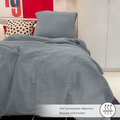 Muslin Bettwäsche Set 200x220 cm Rauchgrau 3-teilig