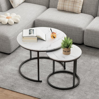 Beistelltisch Set Rund, Couchtisch 2er Set Holz & Metall, Weiß+Schwarz