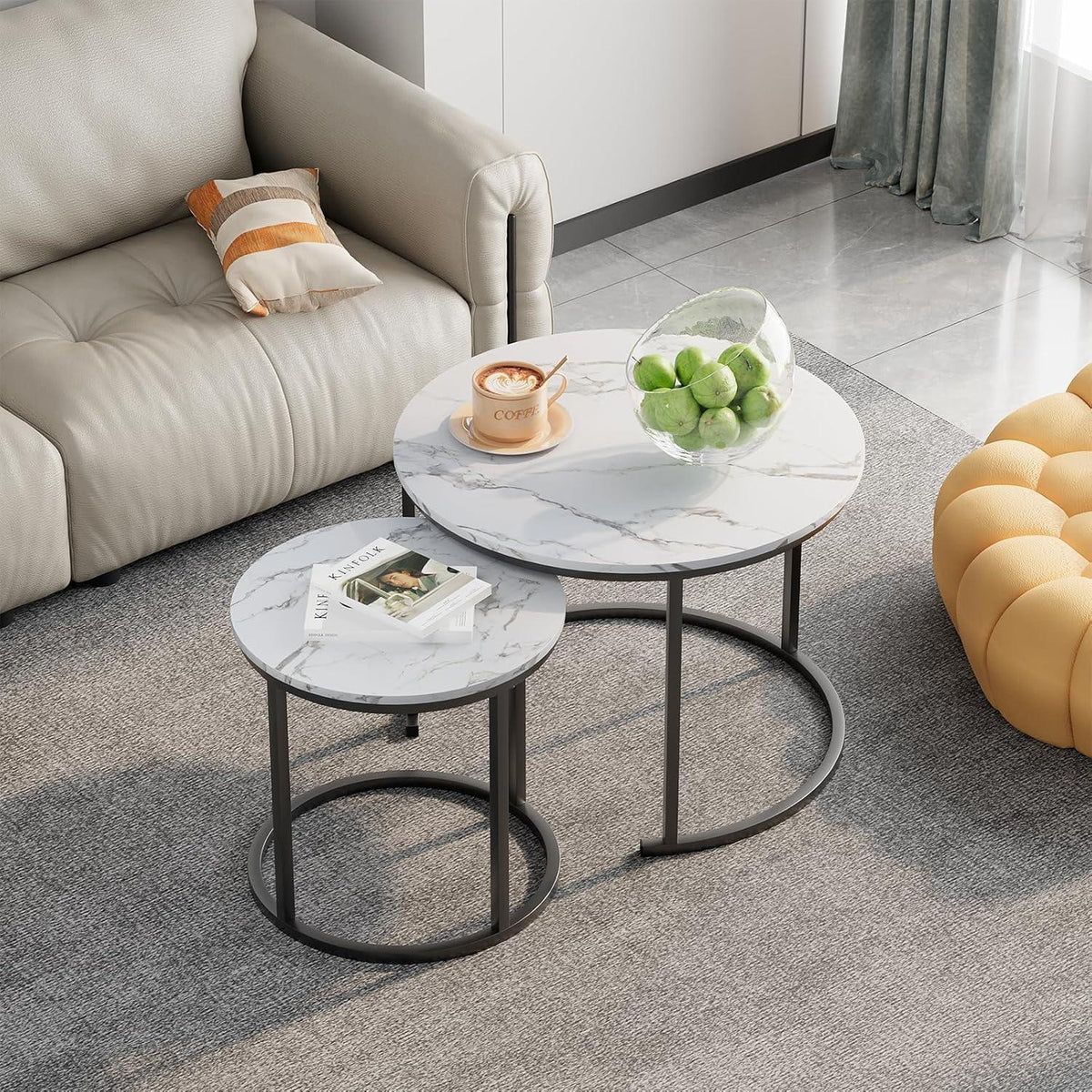 Beistelltisch Set Rund, Couchtisch 2er Set Holz & Metall, Weiß+Schwarz