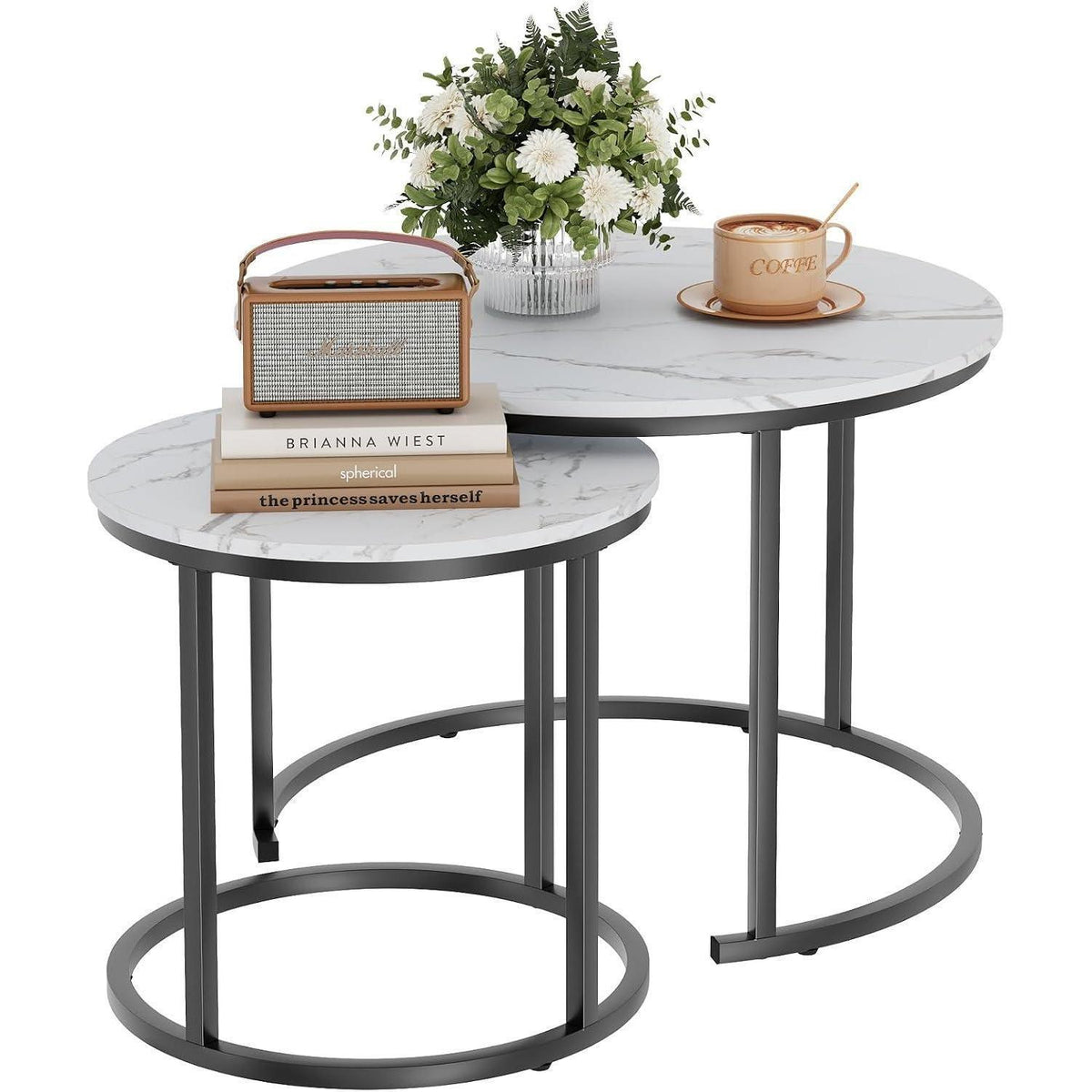 Beistelltisch Set Rund, Couchtisch 2er Set Holz & Metall, Weiß+Schwarz