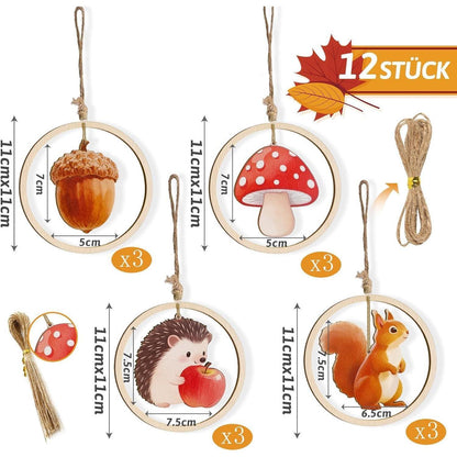 12er Herbst Holzanhänger Deko – Tiere, Pilze & Juteseil