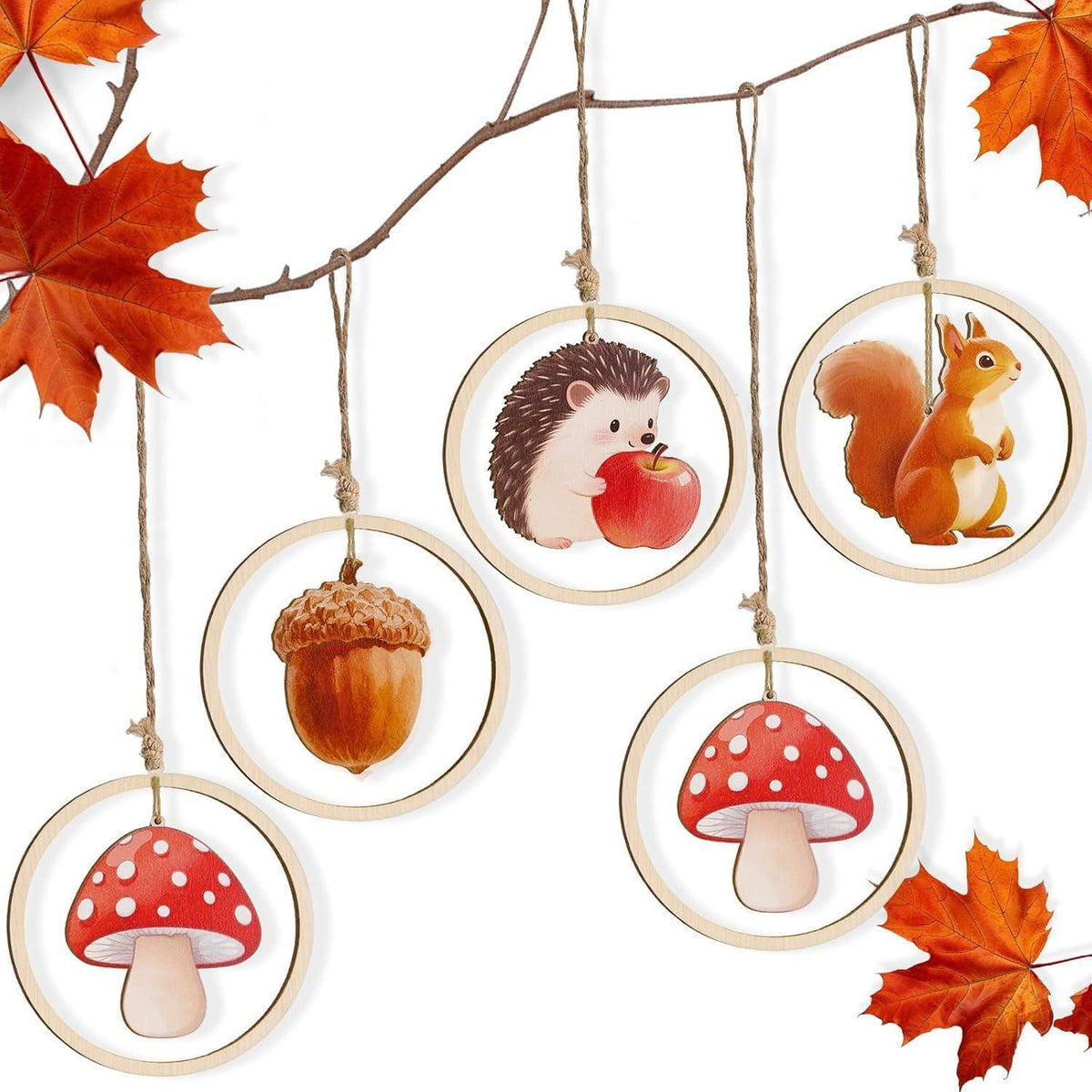 12er Herbst Holzanhänger Deko – Tiere, Pilze & Juteseil