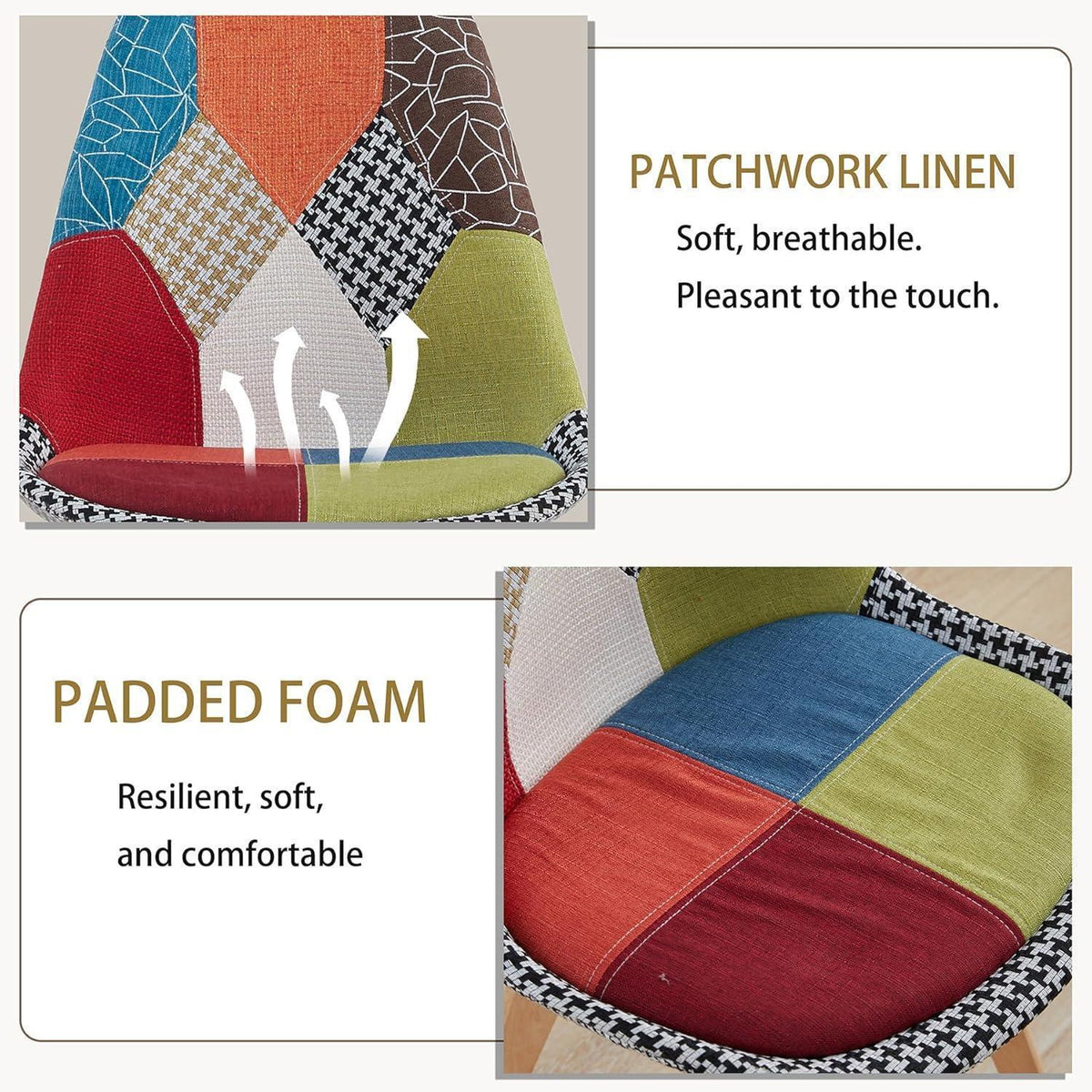 Patchwork Esszimmerstühle Set (6) mit Holzbeinen – Rot