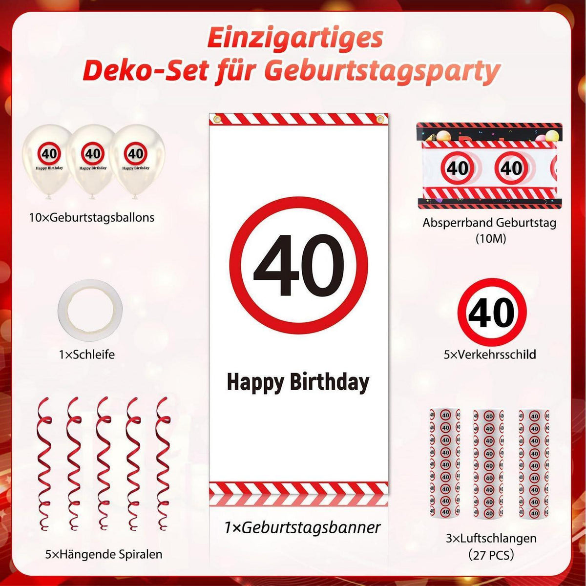 40. Geburtstag Deko Set mit Banner, Ballons & Verkehrszeichen
