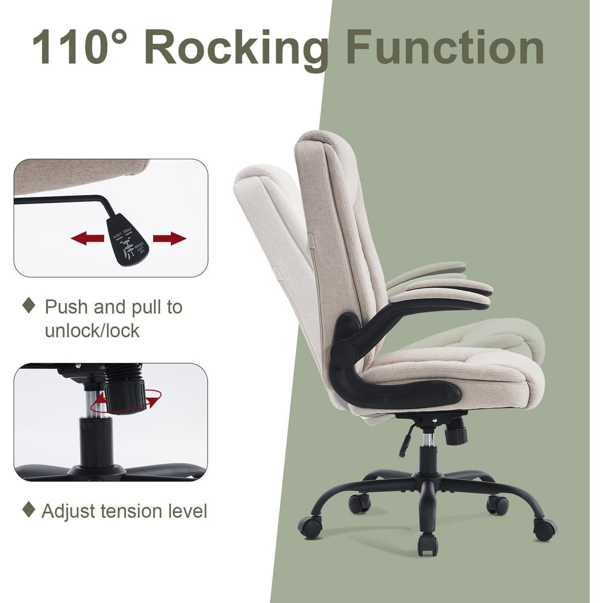 Ergonomischer Bürostuhl mit Kopfstütze und Wippfunktion, Beige