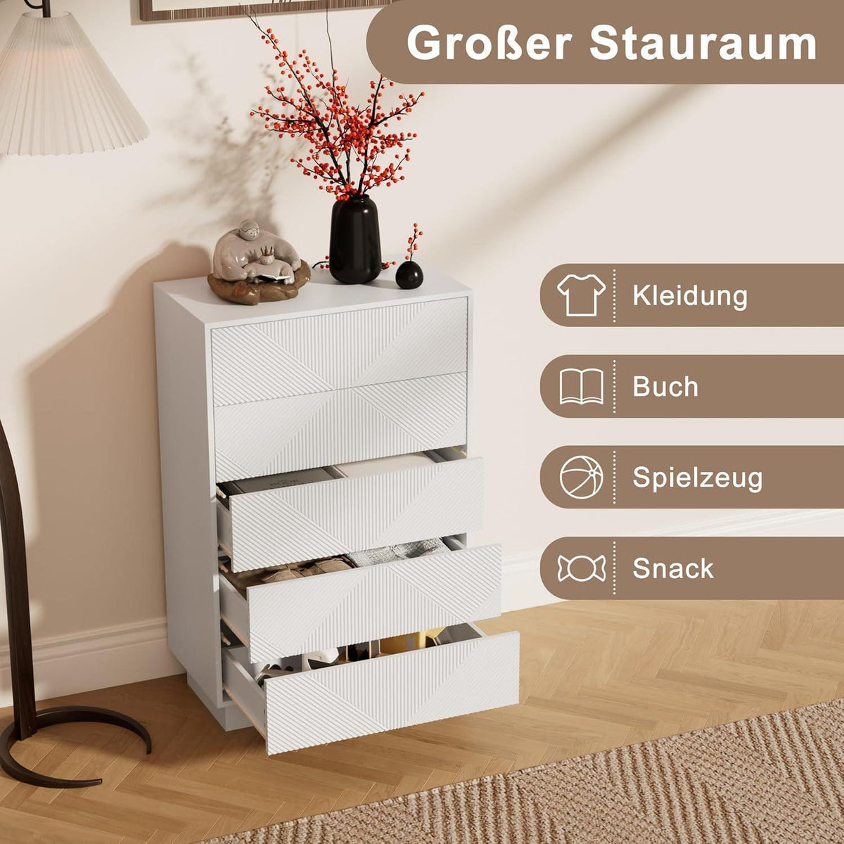 5-Schubladen Kommode Weiß – Schmale Aufbewahrung für Schlaf- & Wohnzimmer