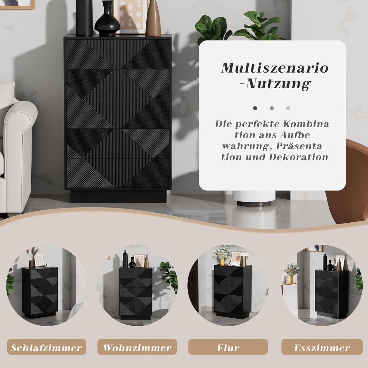Schmale Kommode mit 6 Schubladen | Schwarz | Wohnzimmer, Schlafzimmer