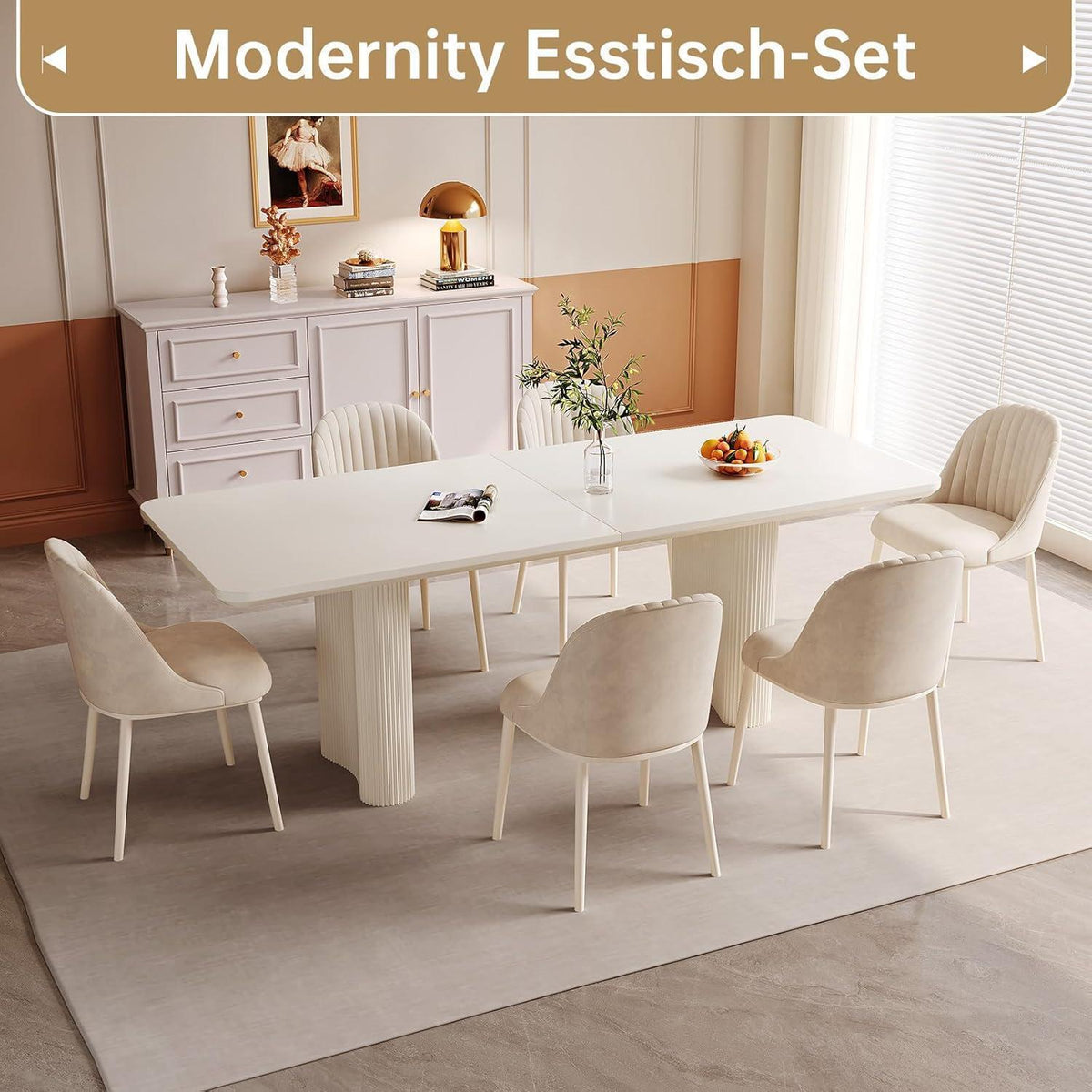 Esszimmer Set 5-teilig – 200cm Esstisch mit weißen Stühlen