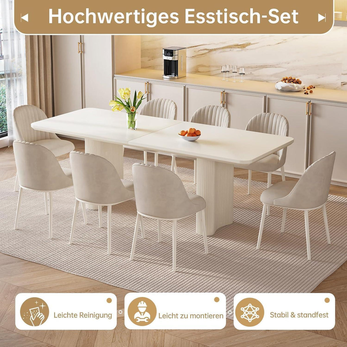 Esszimmer Set 5-teilig – 200cm Esstisch mit weißen Stühlen