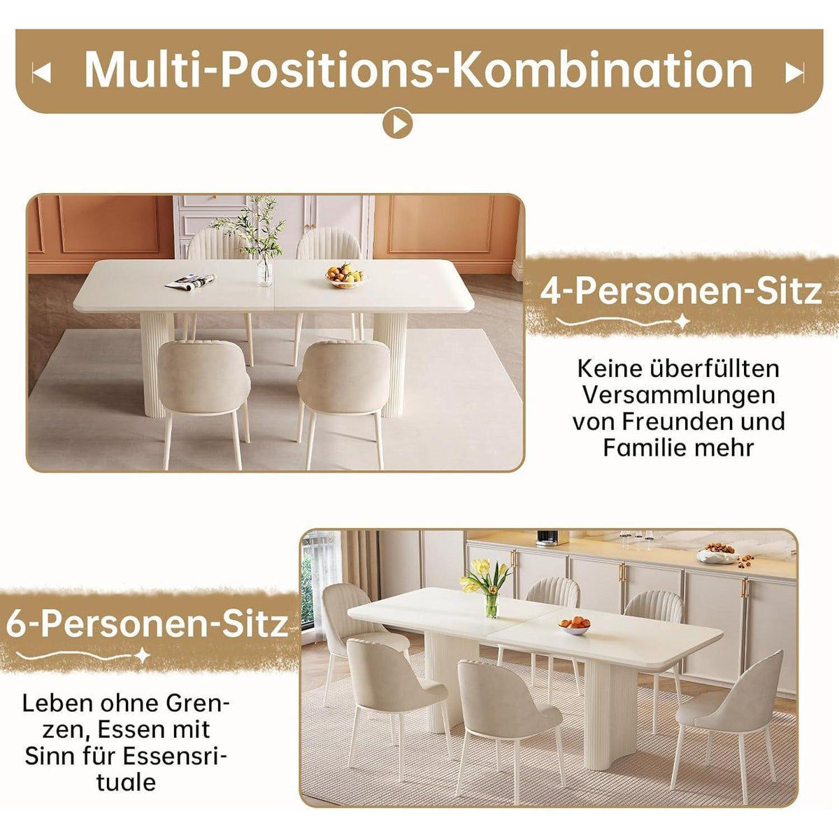 Esszimmer Set 5-teilig – 200cm Esstisch mit weißen Stühlen